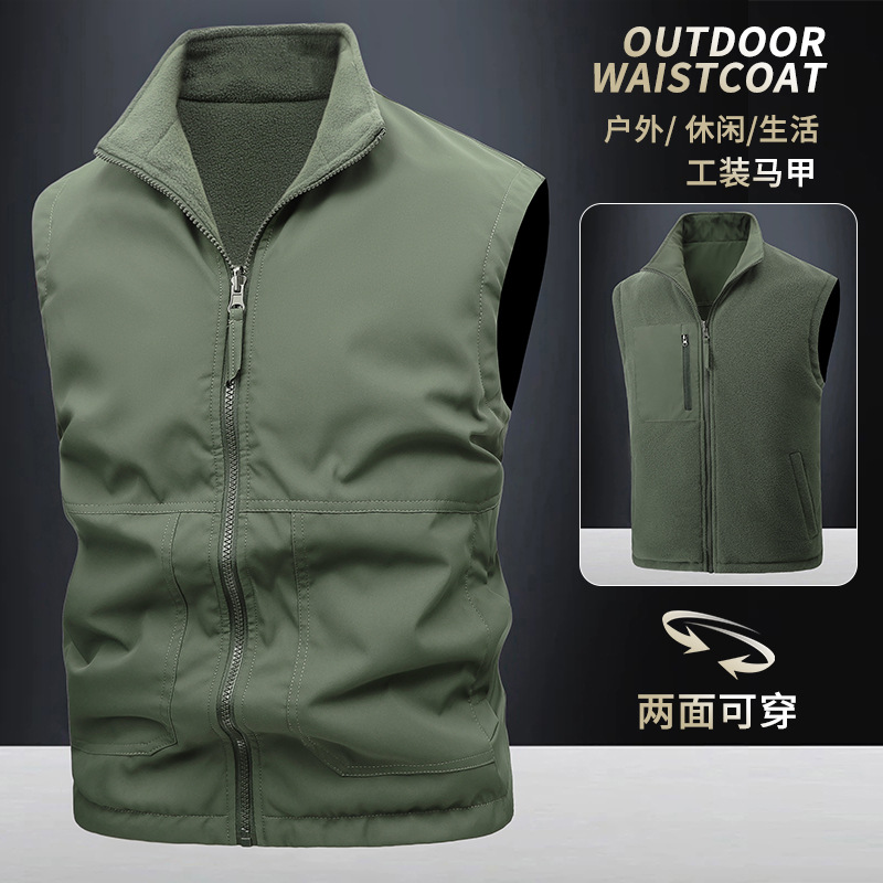 Primavera y otoño, uso de doble cara más chaleco de comercio exterior de terciopelo, chaleco de herramientas multibolsillo antisalpicaduras para exteriores para hombres, personalización avanzada