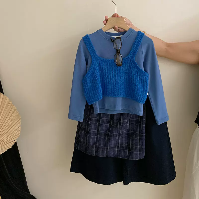 韩版女童针织背心纯色上衣2025秋季新款格子屁帘宽松阔腿裤四件套
