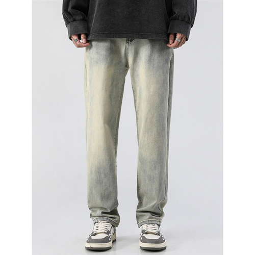 Spring American Retro Washed Distressed Yellow Clay Dye Denim Long Pants for Men Trendy Wide Leg High Street Straight Leg Loose Casual Pants