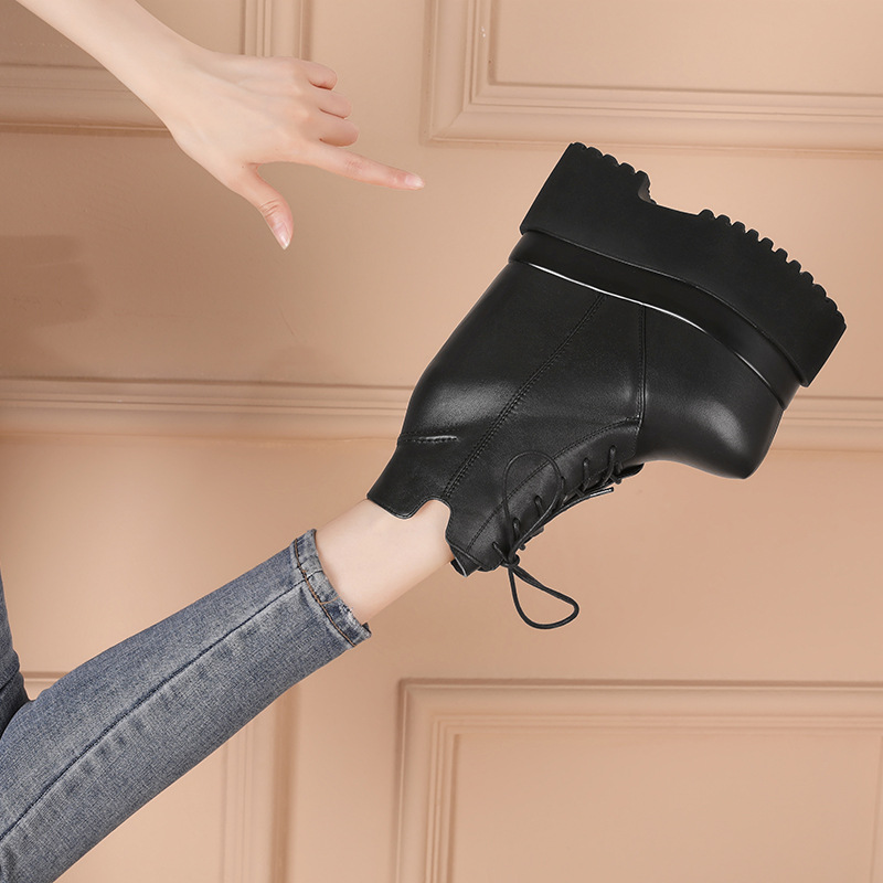 Boot nữ dây buộc đế dày chống thấm, gót trong 18 cm tăng chiều cao — Màu đen lót nhung