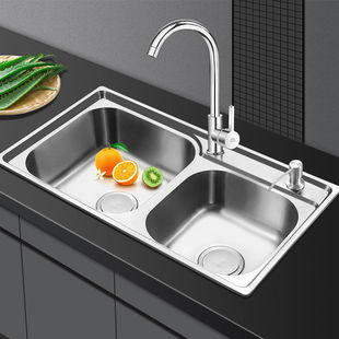 Kitchen 304 Stainless Steel Sink Double Bowl Thickened Dishwashing Basin Sink Set Double Basin Vegetable Washing Basin Brushed Finish
