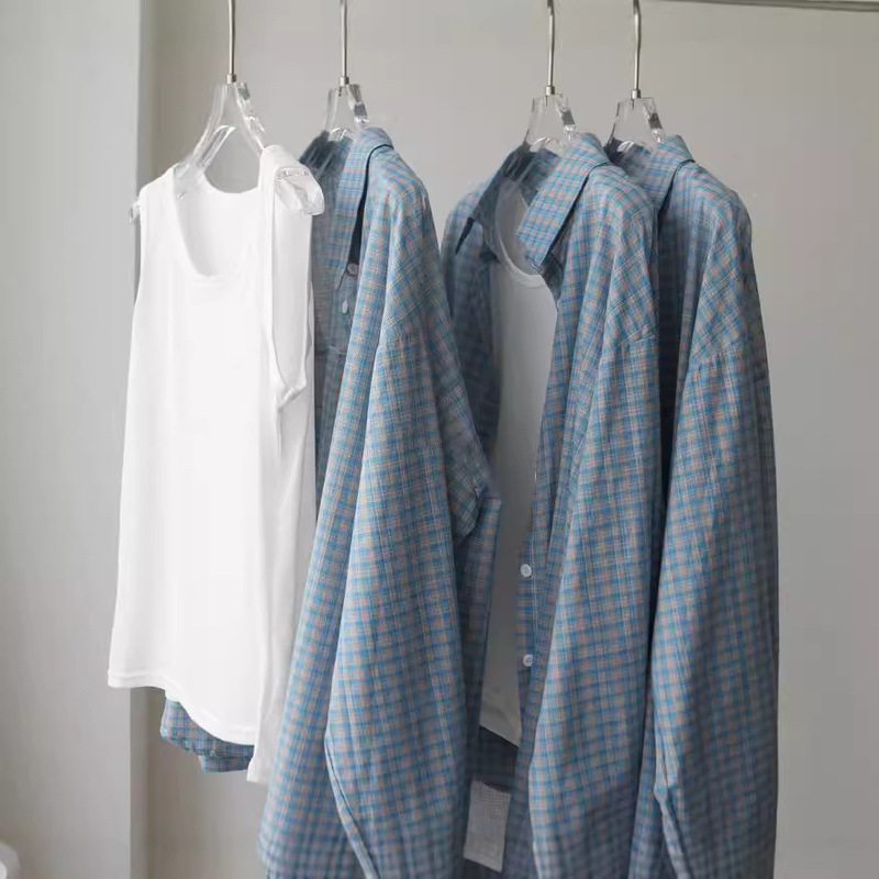 Blue Plaid Shirt Vest Two-piece Set Ruonan College Style Plaid Loose Long-sleeved Shirt Sunscreen Coat Early Autumn