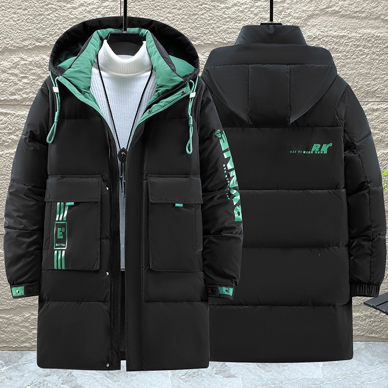 Winter men's cotton coat, extra-large size, mid-length down cotton jacket with hood, extra-large and thick, trendy plus-size cotton coat