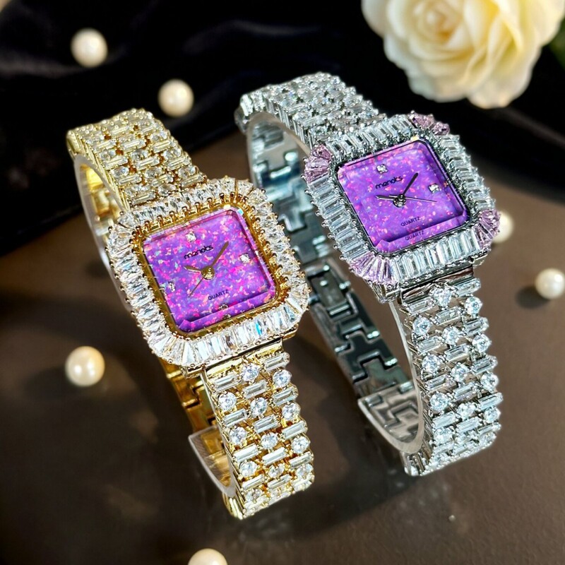 Sparkling Full Diamond Bracelet Watch for Women, Zircon Bracelet, Merlots Watch, Opal Purple Dial