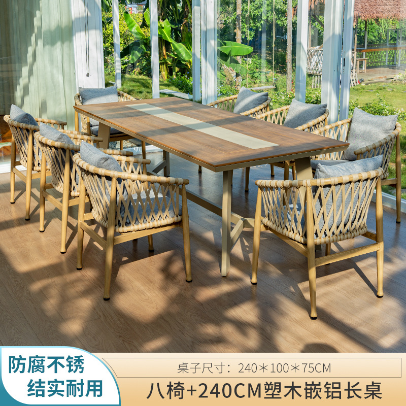 Mesa larga de aluminio con incrustaciones de madera de plástico de 240cm con ocho sillas