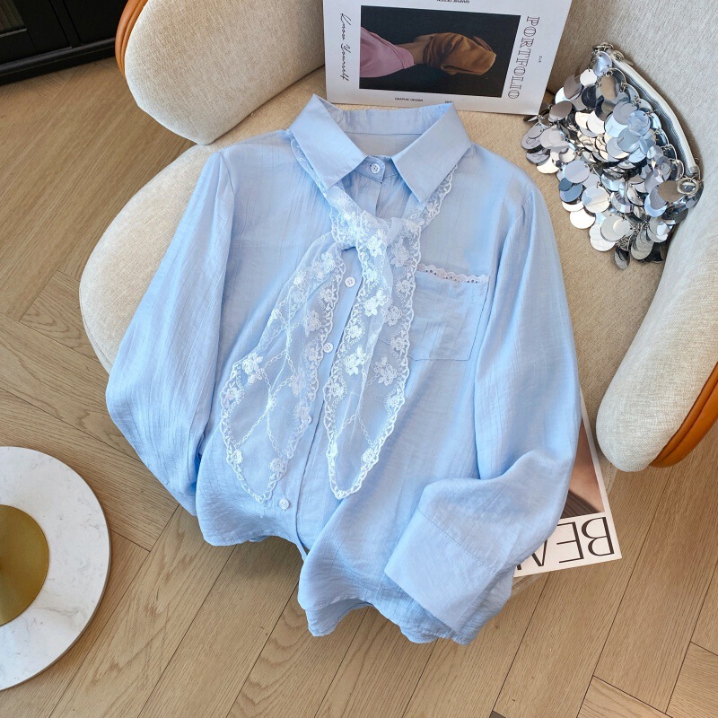 Lace Scarf Tie Shirt Women's Spring Dress 2025 New Korean Style Chic Artistic Sweet All-Match Long Sleeve Shirt