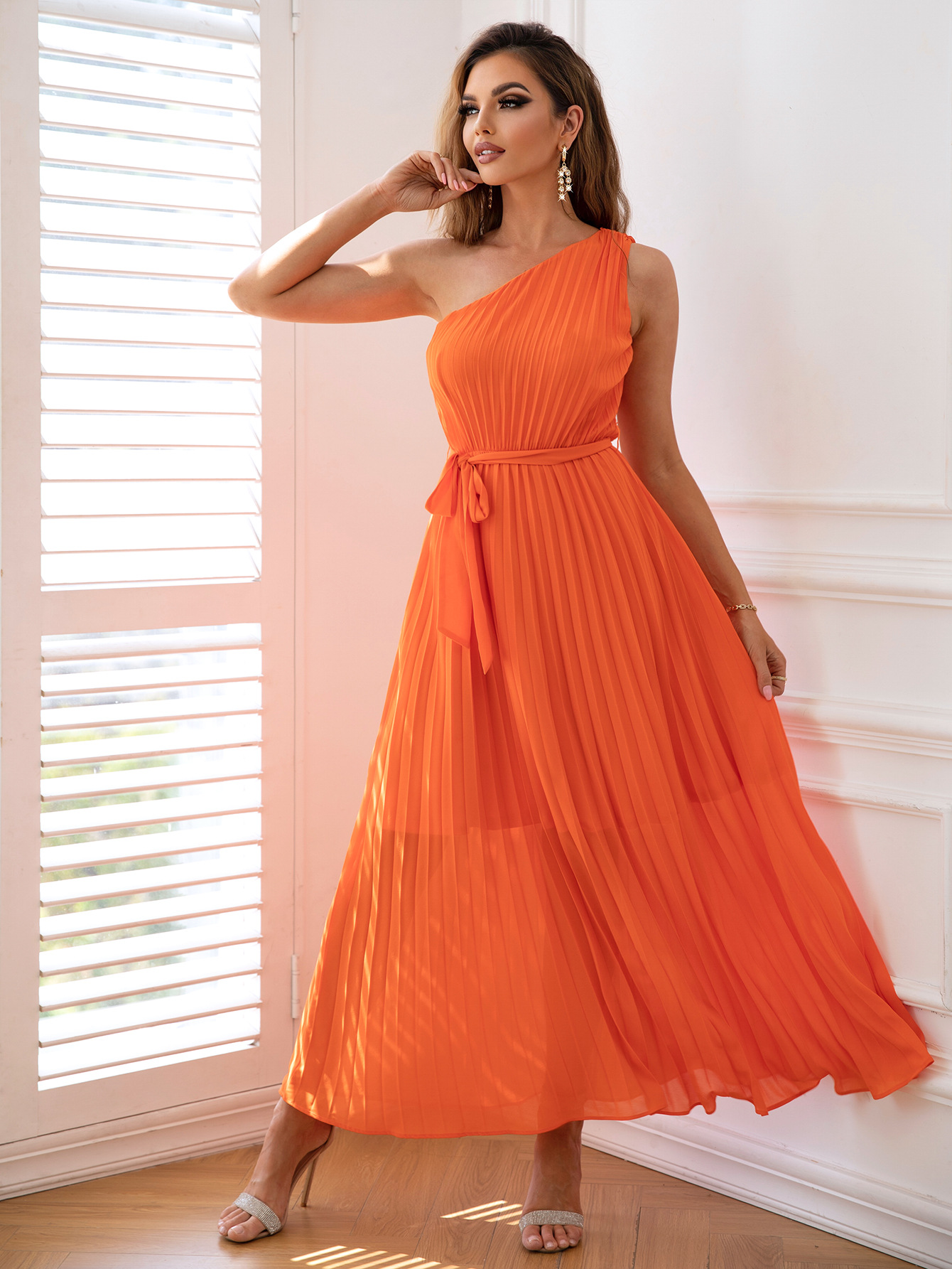 Pleated Slant Collar Dress - Image 13