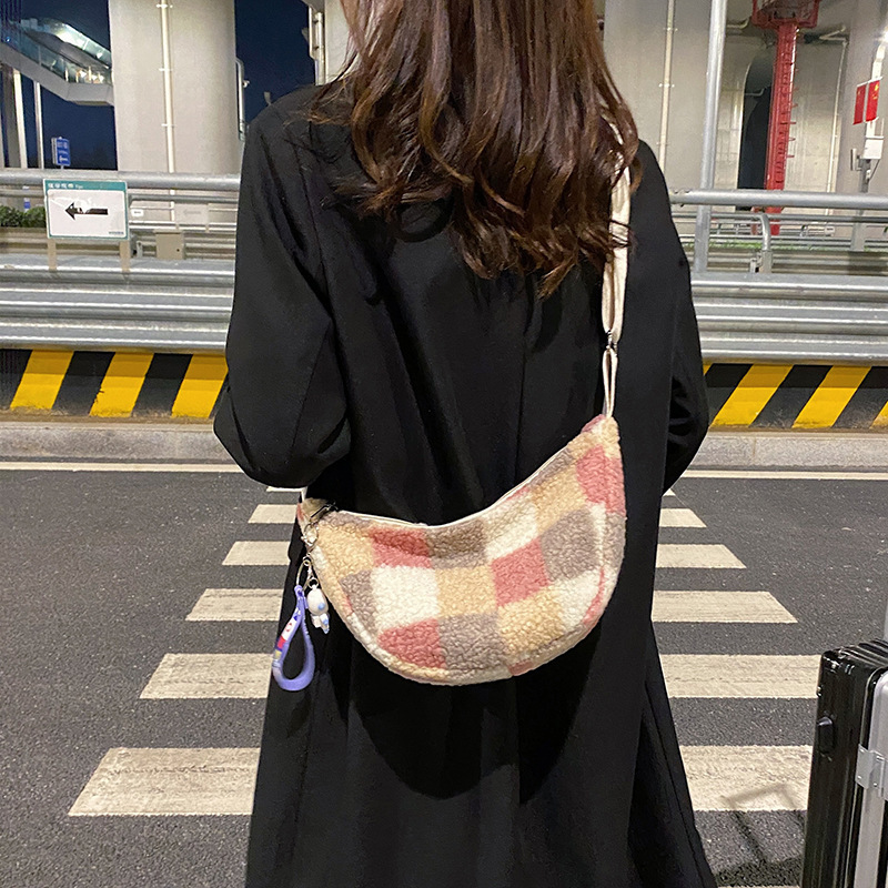 処理バッグ女2023秋冬小清新格子バッグソフト妹羊小毛斜めショルダーバッグ日系かわいいショルダーバッグ|undefined