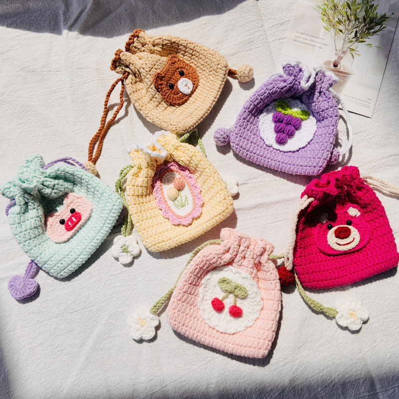 Cute Little Bag with Drawstring Pocket, Earphone Bag, Woolen Knitted Finished Product, Kidsren's Pocket Wallet Bag