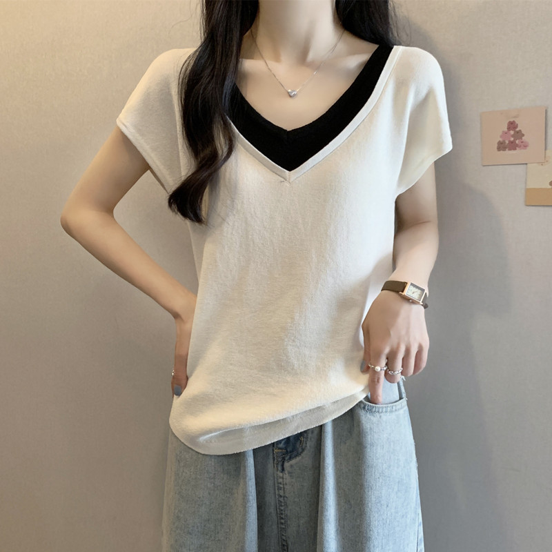 Áo thun nữ tay lỡ giả hai lớp chất liệu sợi mát — đen chi tiết 2
