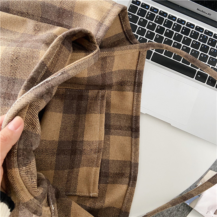 0981 Simple ins checkered woolen single-shoulder bag, hand-held cloth bag, student large-capacity shopping bag, laid-back style women's bag undefined