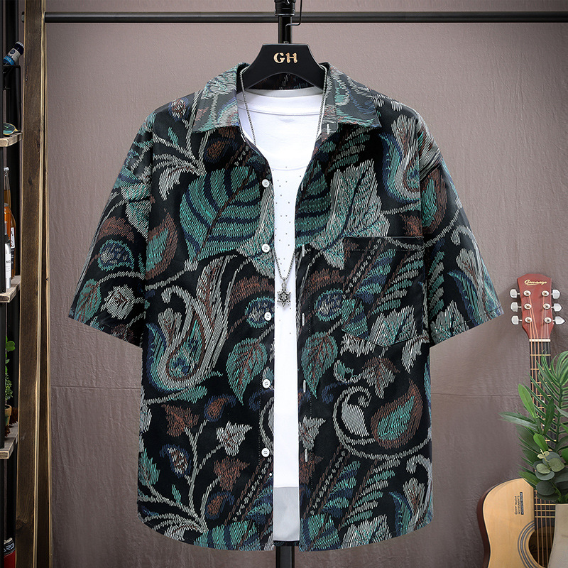 Printed Short-sleeved Shirt Men's Summer Loose Fashionable Cool Handsome Top Clothes Thin Jacket Ice Silk Men's Shirt