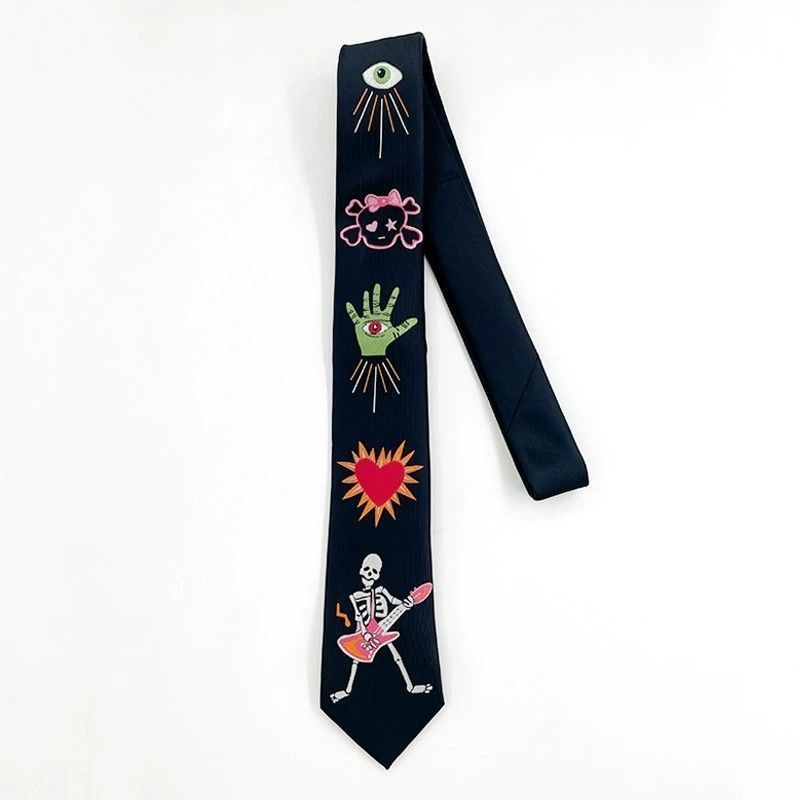 ネクタイ刺繍ブラックパーソナライズゴシックアクセサリー男性と女性クールjk文学パンクファッションy2kパームラブアイ|undefined