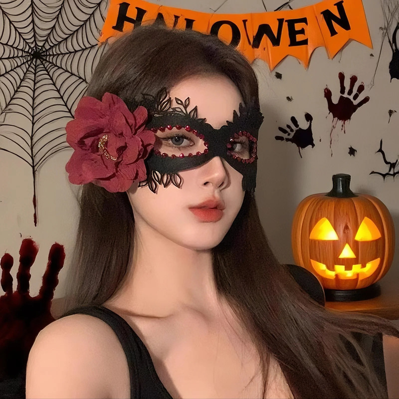 万圣节黑色花朵面具假面舞会晚会神秘半脸面具眼罩化妆之夜面罩|undefined
