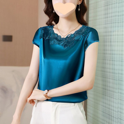 Summer Lace Design Women's Short Sleeve Top Outerwear Satin Base Layer Top Fashion Trendy Plus Size Bodycon Top
