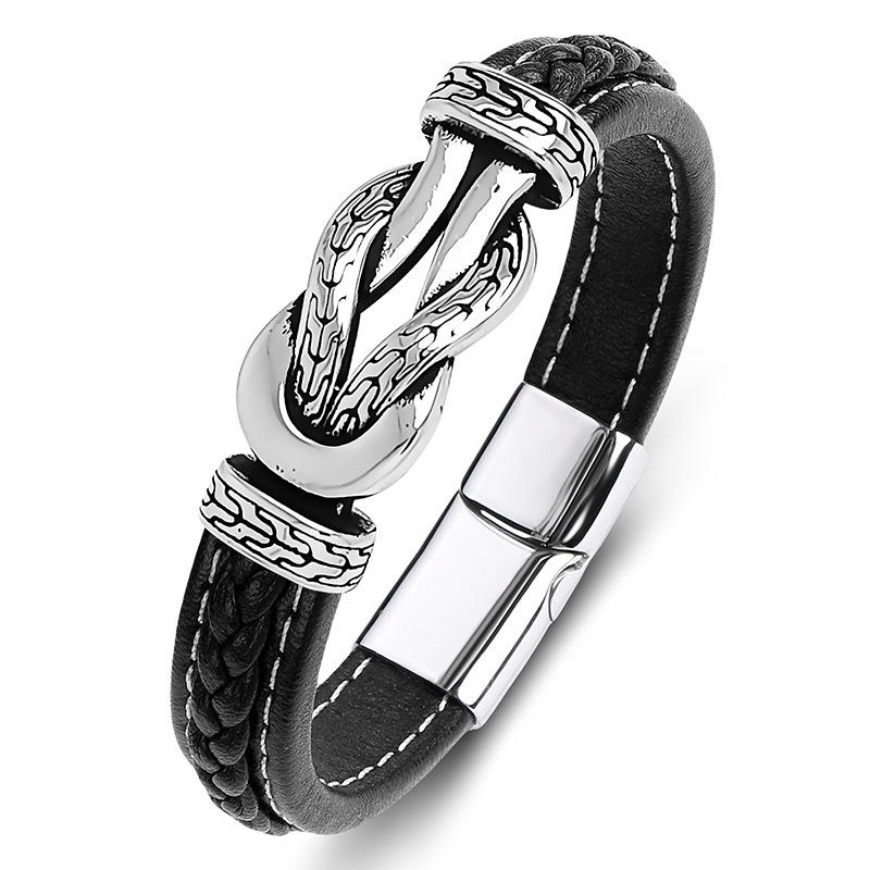 [Source Manufacturer] Cross-border Foreign Trade Handmade Stitch Multi-color Leather Unlimited Buckle Light Luxury Stainless Steel Men's Bracelet
