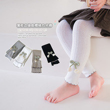 批发女童春秋季薄款打底裤外穿儿童棉竖条纹花边绿色樱桃九分裤子