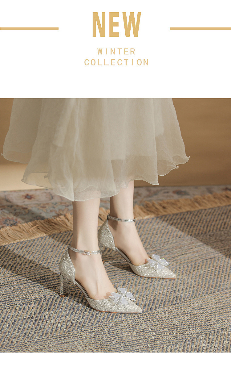 Giày sandal cao gót nữ quai ngang mũi nhọn gót nhọn CH8006-5 — Màu Sâm panh chi tiết 2