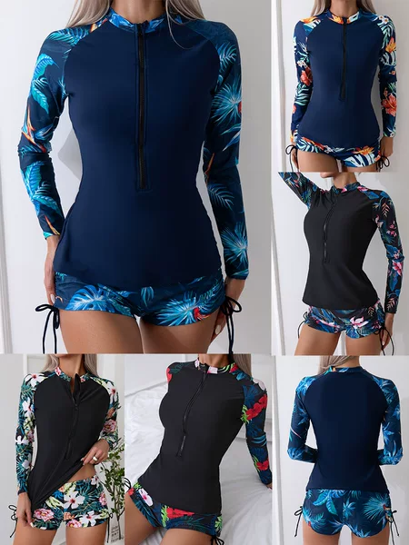 New European and American Front Chest Zipper Two-Piece Sports and Leisure Cross-Border Long-Sleeved Conservative Split Swimsuit Women's Swimsuit