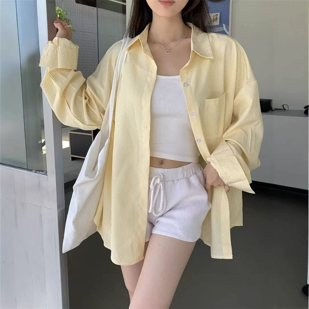 条纹Polo领衬衫外套女春秋季薄款宽松休闲开衫中长款防晒衬衣上衣