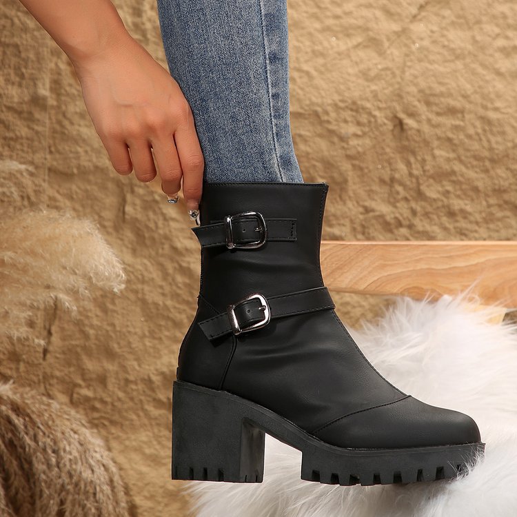 Big size thick heel boots women's autumn and winter fashion belt buckle explosive short boots cotton boots fashion boots_voghion.com