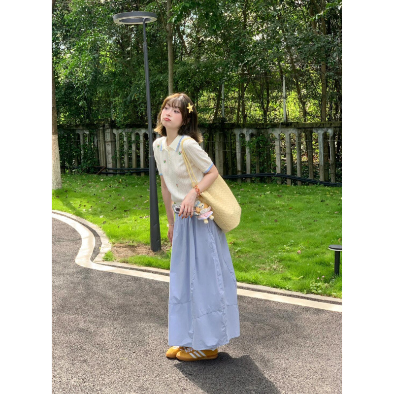 ドレスレディース2025夏新作着用年齢軽減ポロカラーセーターTシャツブルーロングスカート2点セット|undefined