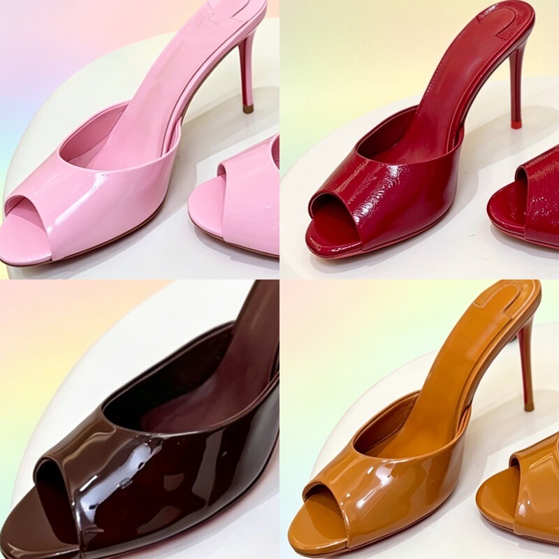 Solid Color Patent Leather Peep-Toe Slippers, Red High Heels, Women's Thin-Heeled Red Sandals, Pink Round-Toe, Foreign Trade Cross-Border Model