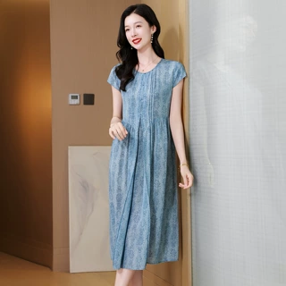 杭州重磅桑蚕丝夏季新款收腰显瘦真丝中长款连衣裙女短袖过膝裙子