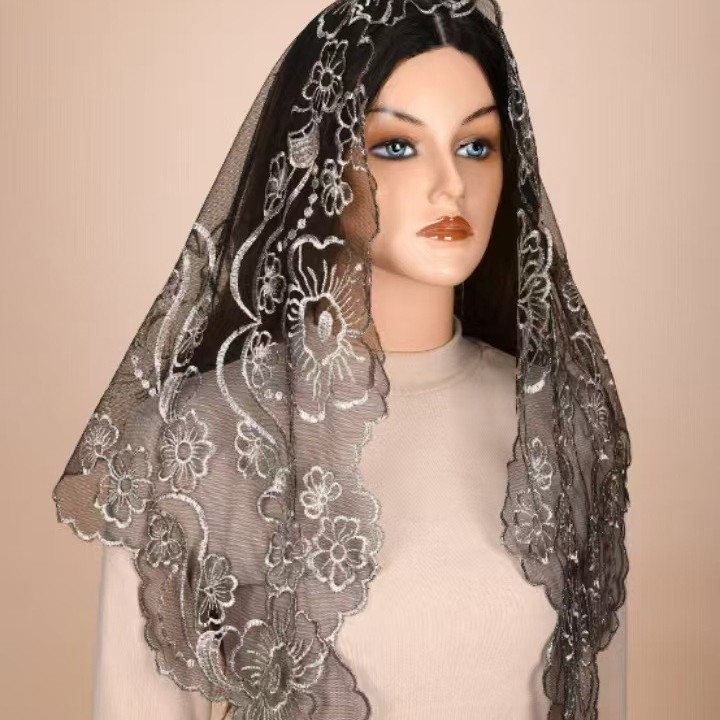 2025年新作刺繍ヘッドスカーフ、クロス教会風、ブラック・シルバー・ホワイトゴールド、Amazon・Etsyで人気のヘッドスカーフ|undefined