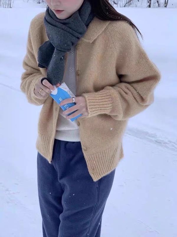 韩代lerobe纯色翻领简约毛衣小外套女2025秋冬针织开衫上衣女1315|undefined