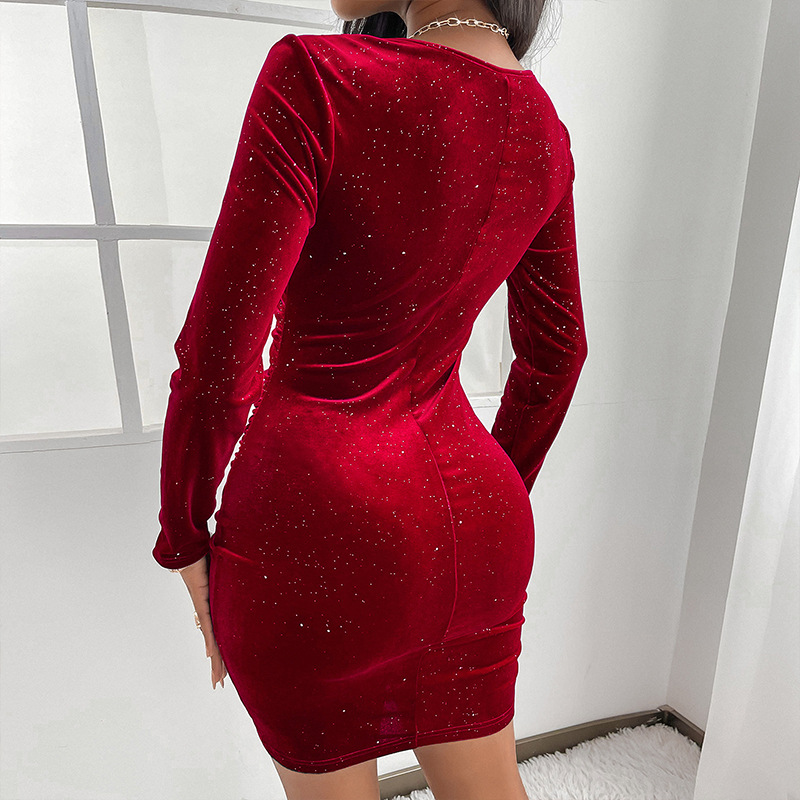 Women's Clothing Hot stamping gold velvet dress women's long sleeved fashionable lady dress sexy solid color V neck mini skirt_ipsvogv.com