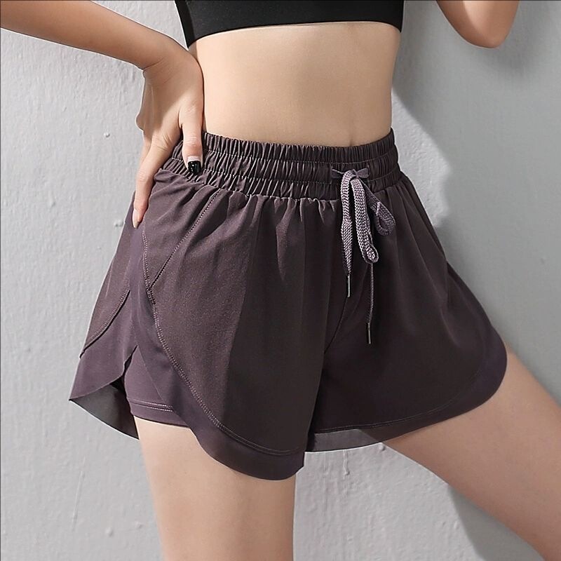 In-Stock Faux Two-Piece Sports Shorts, Anti-Exposure, for Running, Fitness, Outdoor Wear, Training, Pilates, Yoga, Light Purple, Women's