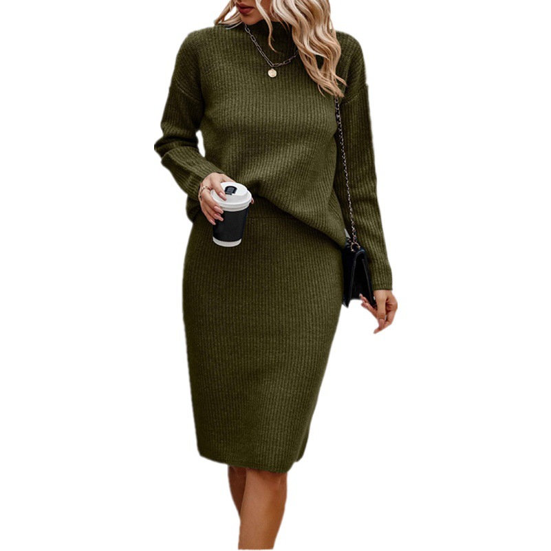 Amazon transfronterizo suministro europeo y americano Otoño e Invierno color sólido manga larga moda medio cuello alto suéter traje de mujer