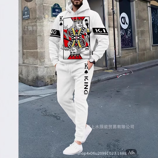 Men's Casual Hoodie and Sweatpants Set - Poker King Print, Long Sleeve, Polyester Blend Suit