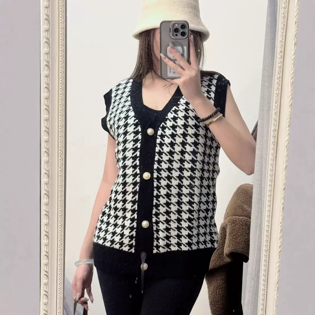 针织马甲开衫女外套2025春秋新款韩版千鸟格百搭无袖毛衣坎肩背心