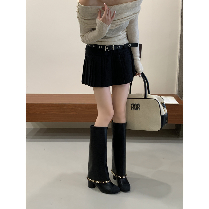 小香风圆头拼色骑士靴2025年秋季新款气质粗跟高筒裤管靴女|undefined