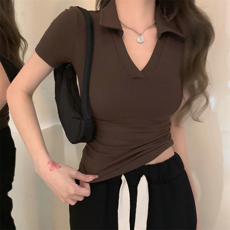 Sexy Spice Girl Slim-fit V-neck Short-sleeved Women's Summer Solid Color Polo Shirt Slim-fit Threaded Knitted Base Lass T-shirt Top Sexy Spice Girl Slim-fit V-neck Short-sleeved Women's Summer Solid Color Polo Shirt Slim-fit Threaded Knitted Base Lass T-shirt Top