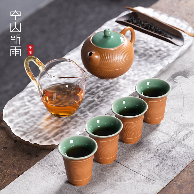 空山新雨 龙泉青瓷跳刀手工一壶四杯 陶瓷办公室高档客厅功夫茶具|ru