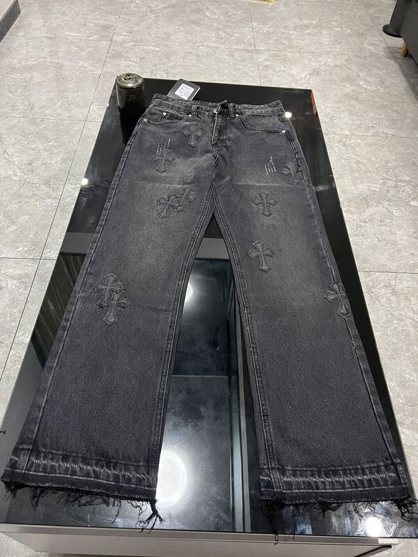 High-End Custom Heart Chrome Cross Patchwork Leather Jeans, High-End Version, Exclusive High-Street Fashion Pants
