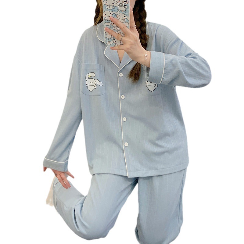 2023 nuevos pijamas azules de alta calidad de las mujeres de algodón jacquard de otoño e invierno de manga larga cardigan linda chica dulce ropa de casa traje