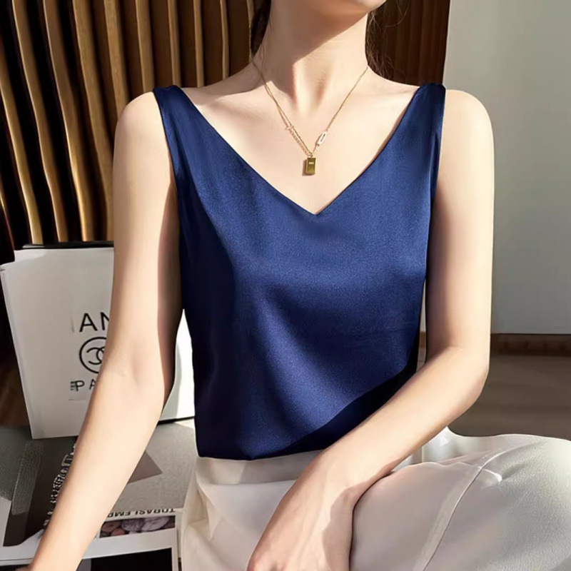 실크 카미솔 여성의 봄과 가을 세트 검은 민소매 베이스 아세트산 새틴 뽕나무 실크 V 넥 탑