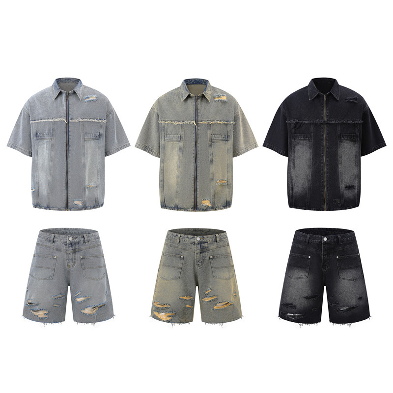 Retro rough edge distressed hole Denim zipper clothes jeans clothes fashion loose casual all-match work suit for men and women