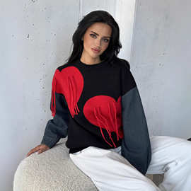 欧美爱心流苏毛衣女秋冬宽松ins潮慵懒设计感小众软糯chic针织衫