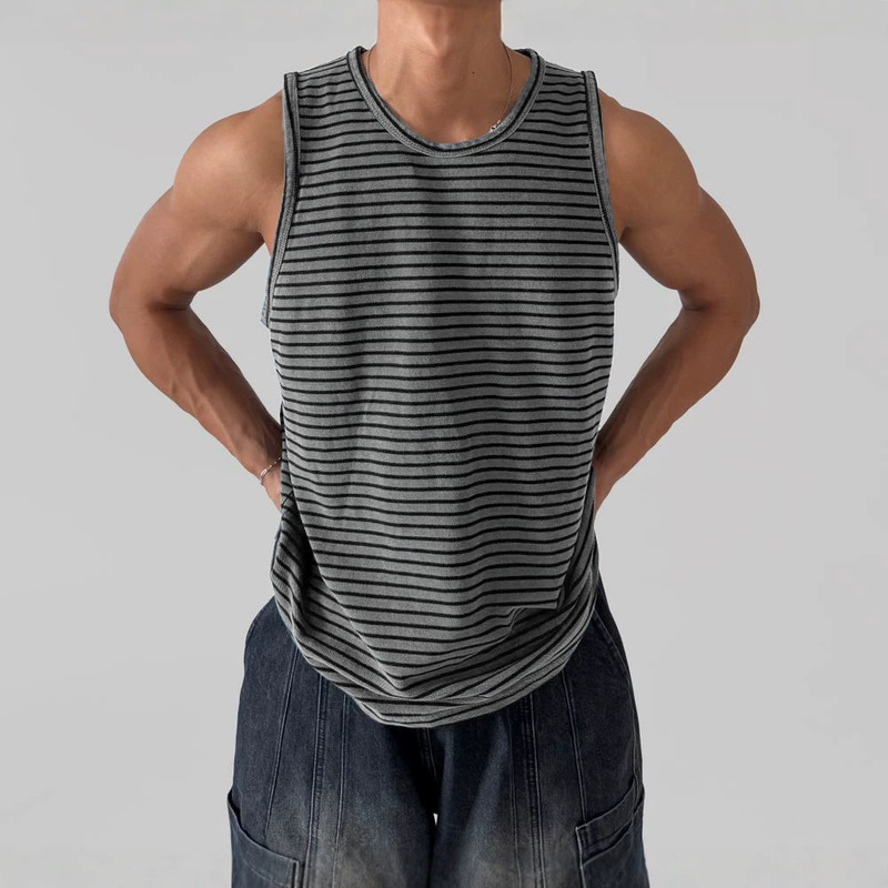 American Retro Gray Striped Vest Men's Summer Loose Casual Sleeveless T-Shirt Sports Fitness Vest American Retro Gray Striped Vest Men's Summer Loose Casual Sleeveless T-Shirt Sports Fitness Vest