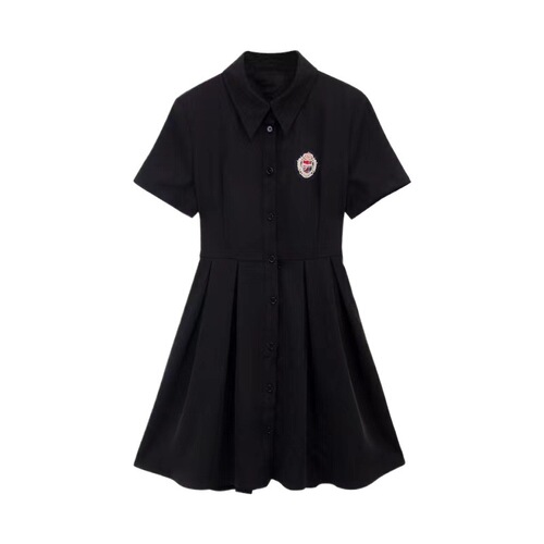 Summer college style French black suit dress with clever waist cinching A-line short skirt
