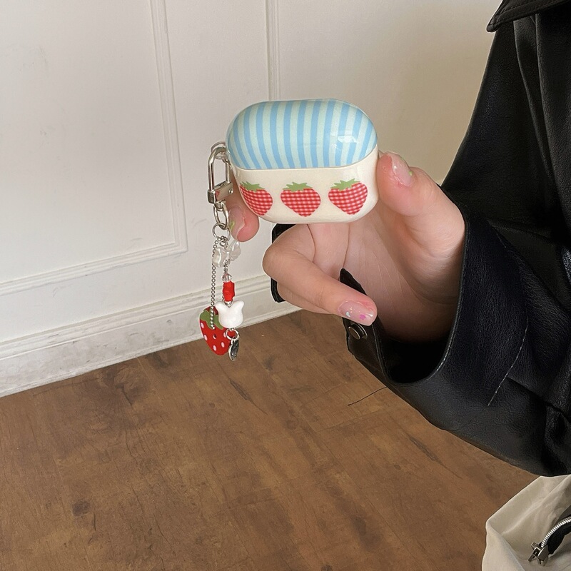 Fun Blue Grids Three Strawberries Suitable for AirPods Pro Protective Case 1/2 Generation Apple Bluetooth Headphone Case AirPod