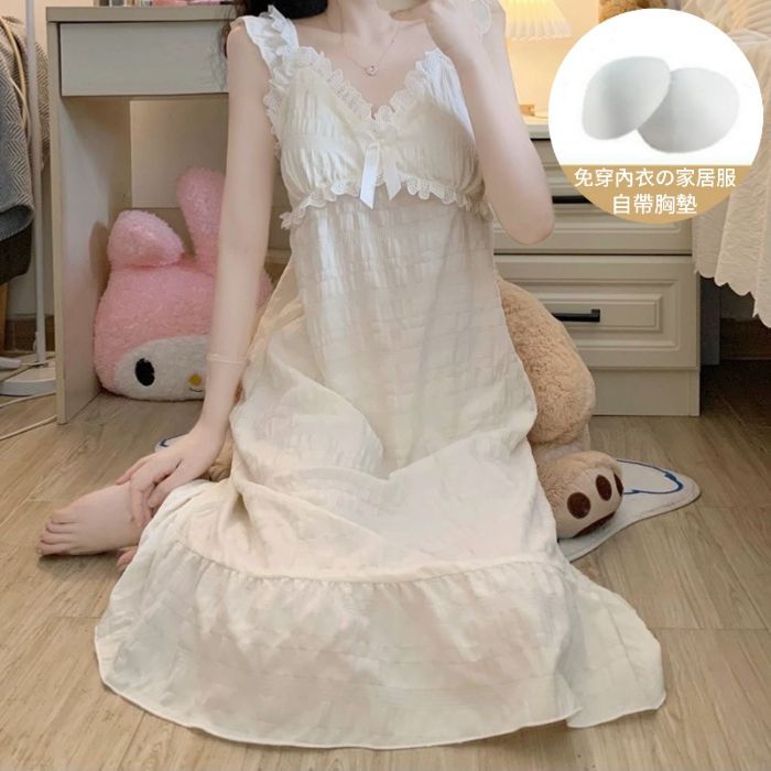 Camisón con almohadilla para el pecho falda de tirantes para mujer de verano nube algodón fino encaje dulce pijama de longitud media color sólido transfronterizo