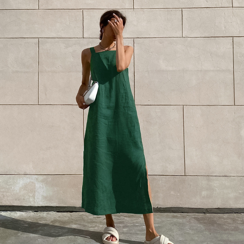 2025 New Summer Style French Cotton and Linen Vest Dress Women's Vacation Casual Green Slit Suspender Long Skirt Women's Clothing