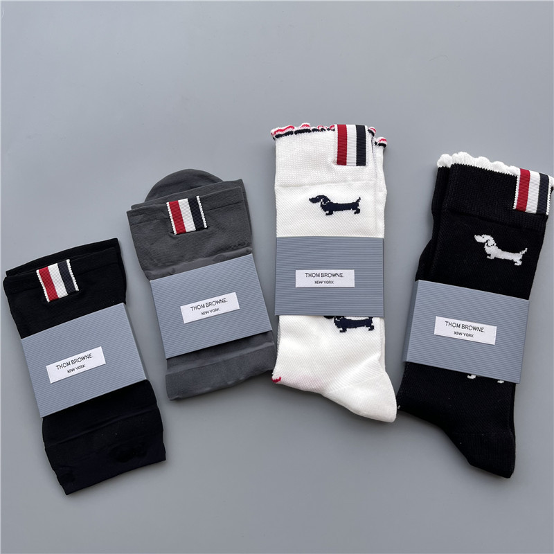 Tom Tb Brown Socks for Women, Anti-Snag Silk Stockings with Dog Pattern, Striped Webbing, Trendy Thin Mid-Length Socks
