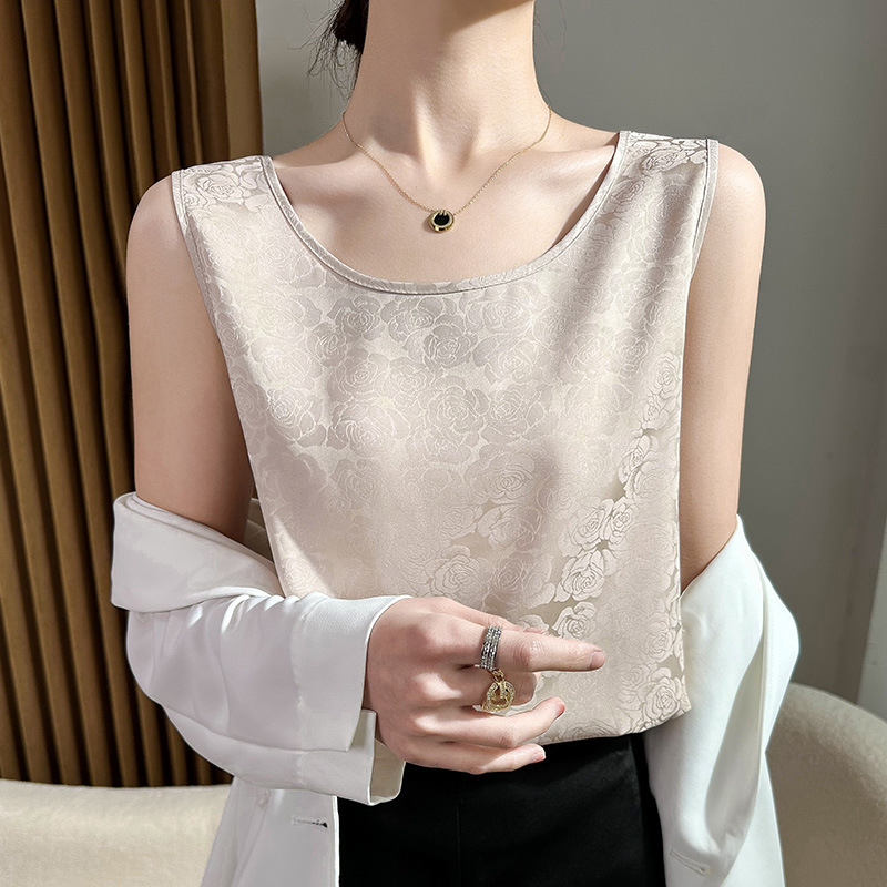 真丝吊带背心女西装内搭缎面印花白色圆领无袖打底衫夏季上衣